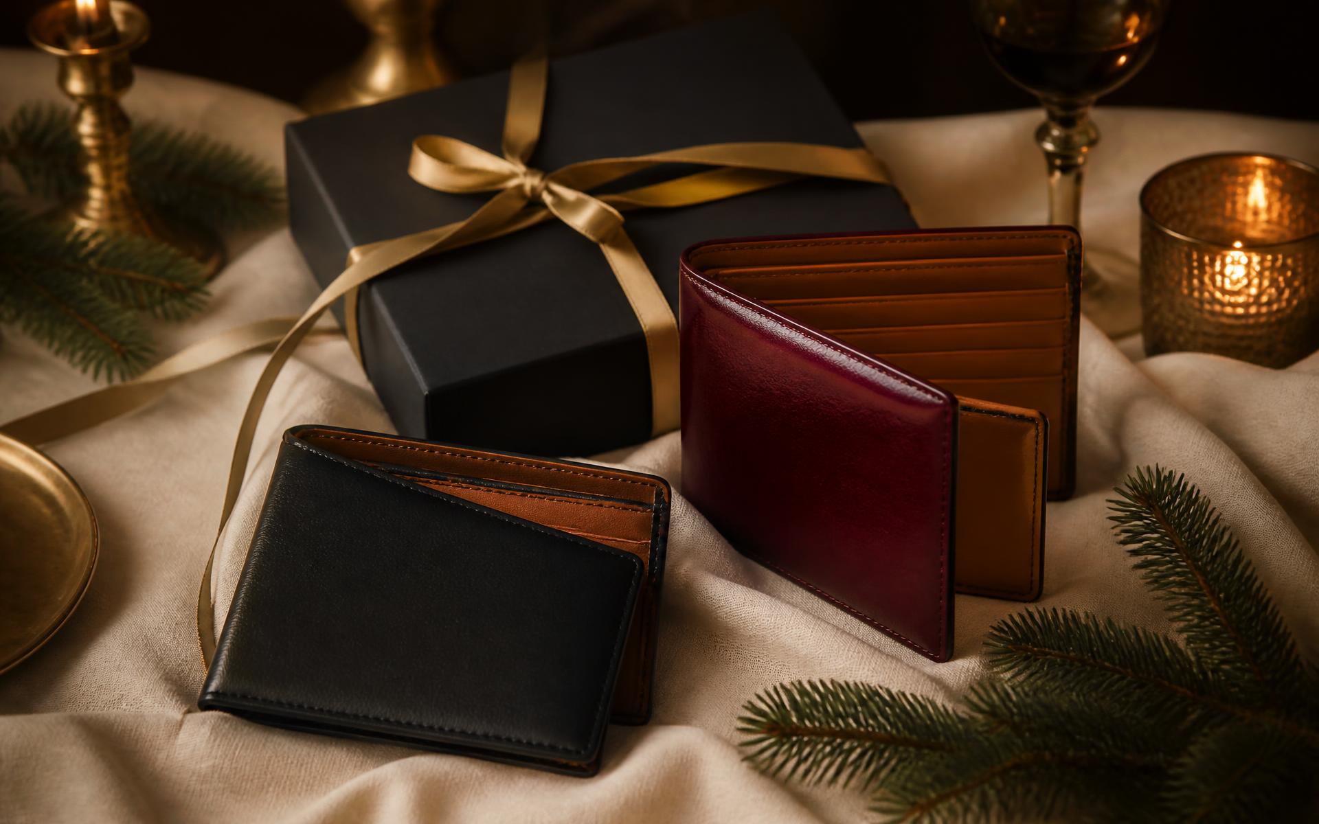 Black and oxblood leather wallets beside a dark gift box tied with gold ribbon in warm candlelight