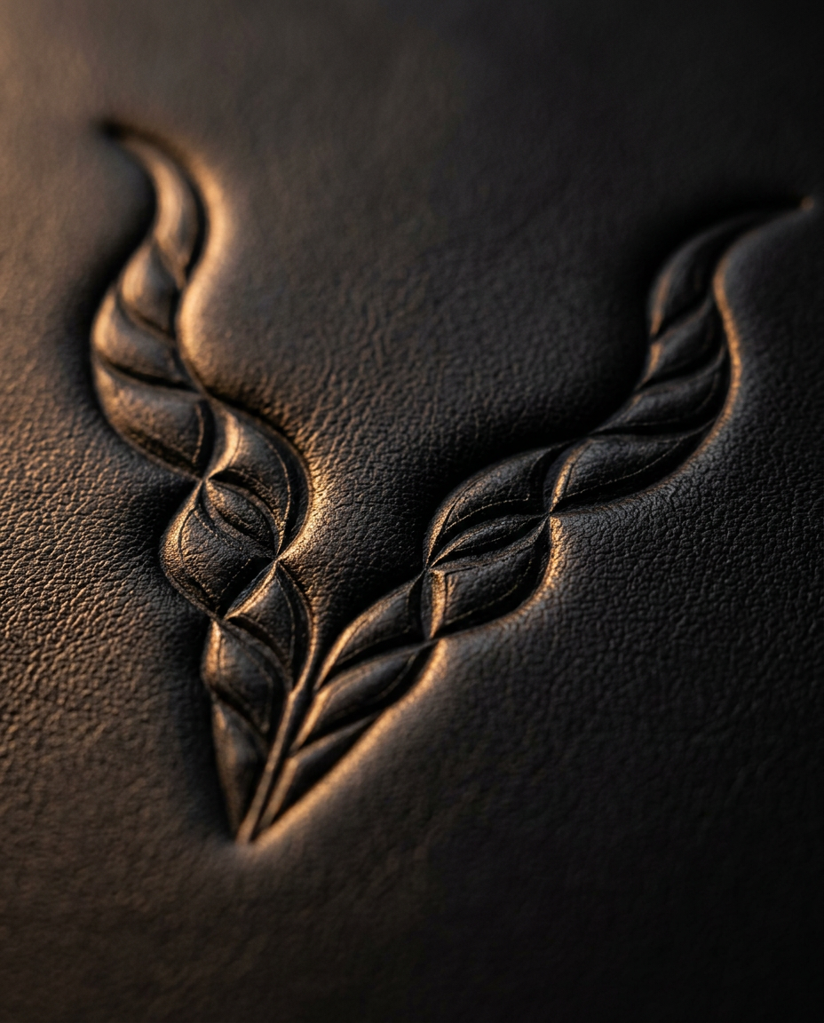 The Albion horn emblem blind embossed into black leather