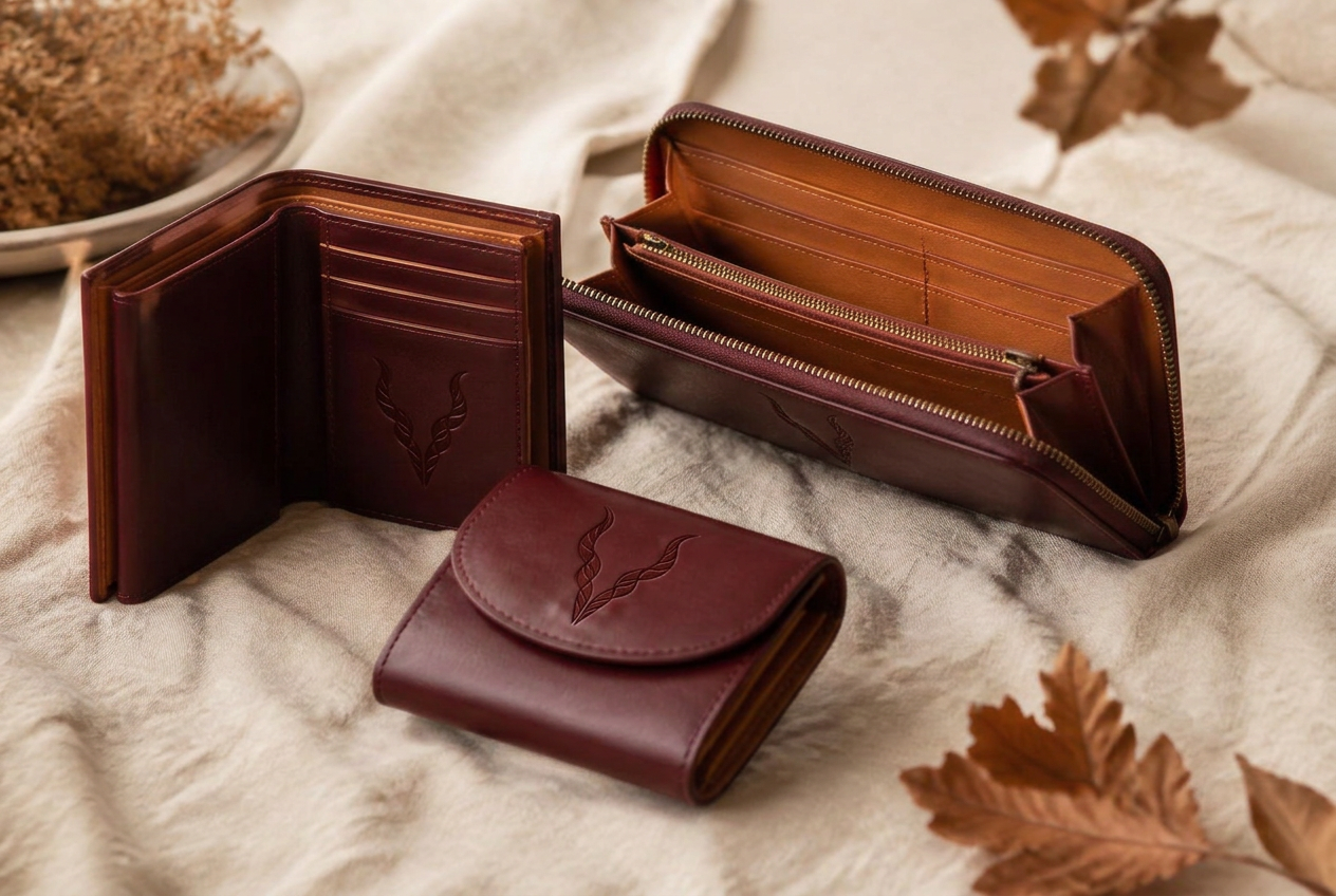 Oxblood leather wallets with tan interiors on ivory linen