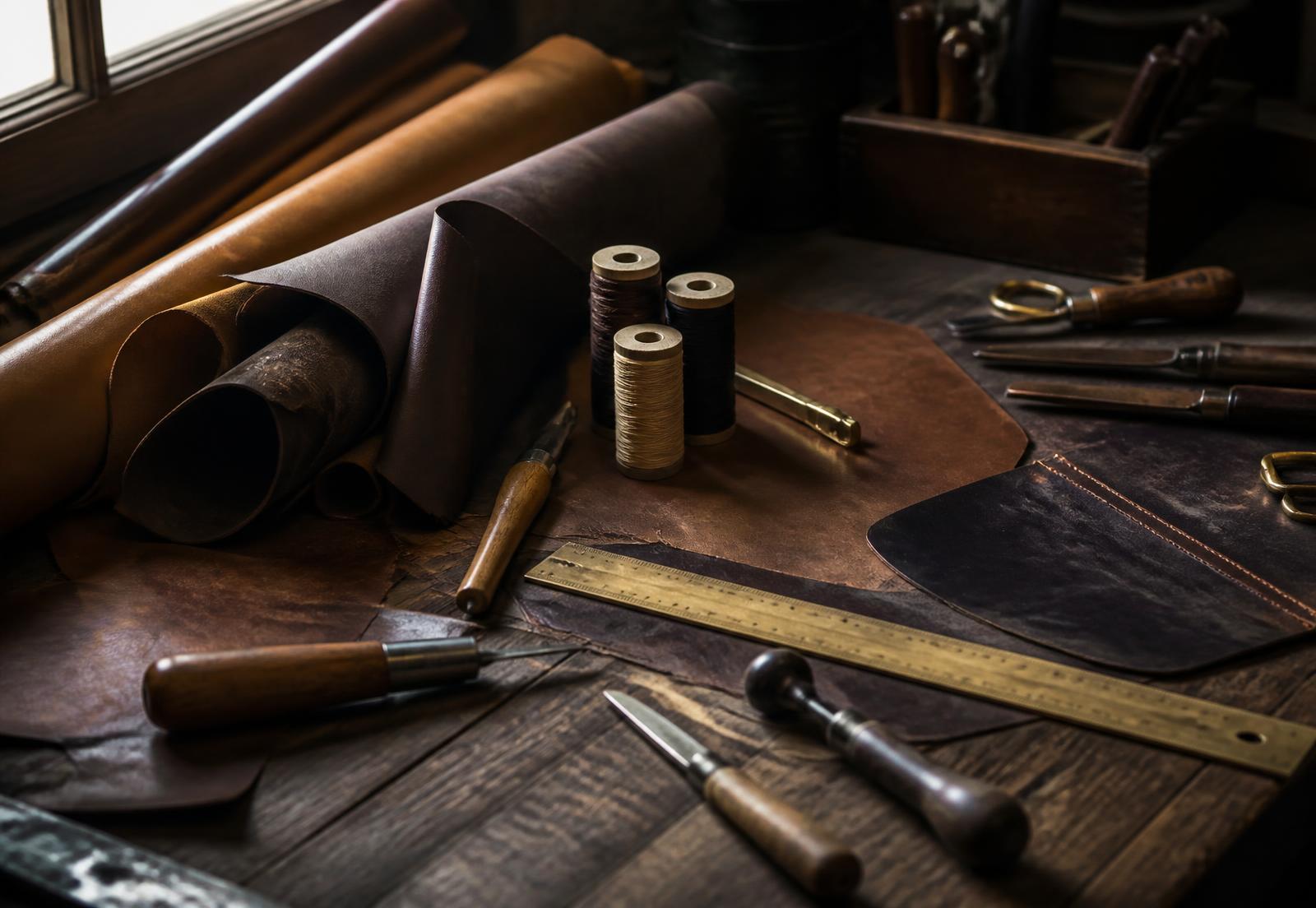 Leather hides, waxed thread and hand tools on a workbench